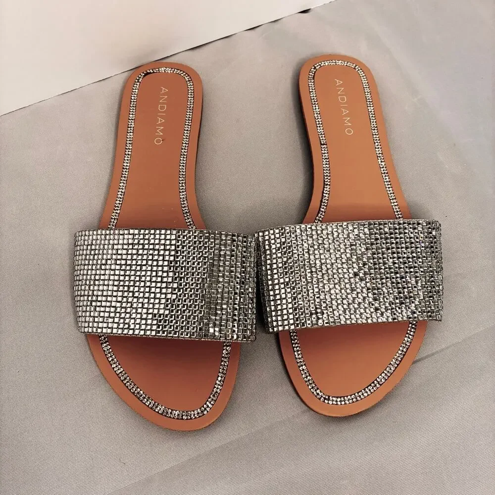 Andiamo Sparkle Atabitha Slides Flat Sandal Shoes Women US 9W Silver Rhinestone